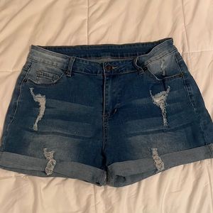 Distressed Light/medium wash, high rise jean shorts
